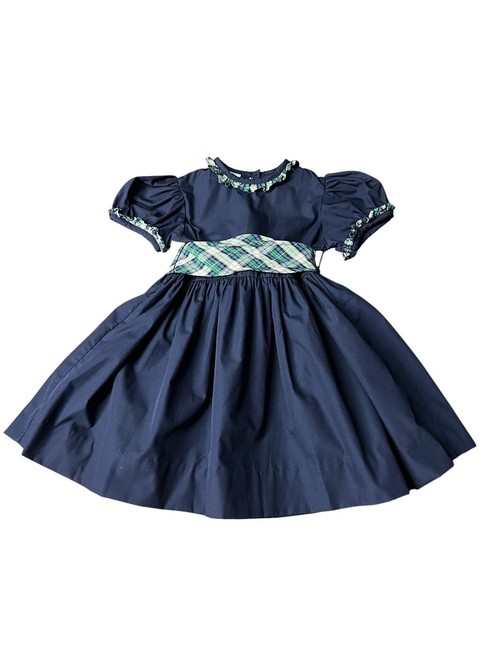 Southern Sunshine Girls Navy Blue Puff-Sleeve Dress with Plaid Waistband Detail